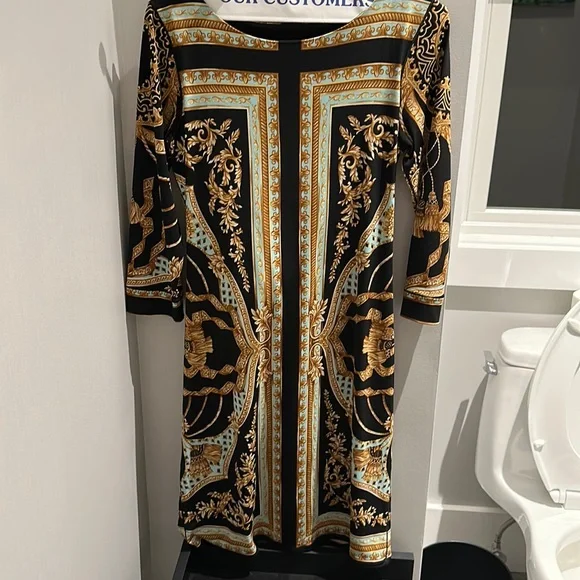slim fit dress slacks Bell Sleeve Metallic Lace Sheath Dress in Black Gold